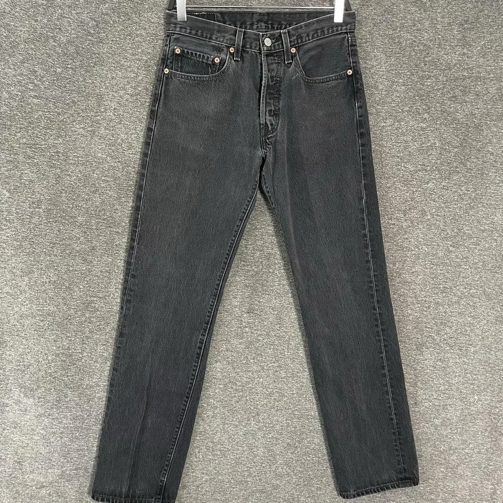 Vintage Levis 501 Jeans Men 31x34 Faded Black Wash Button Fly Straight Leg Denim